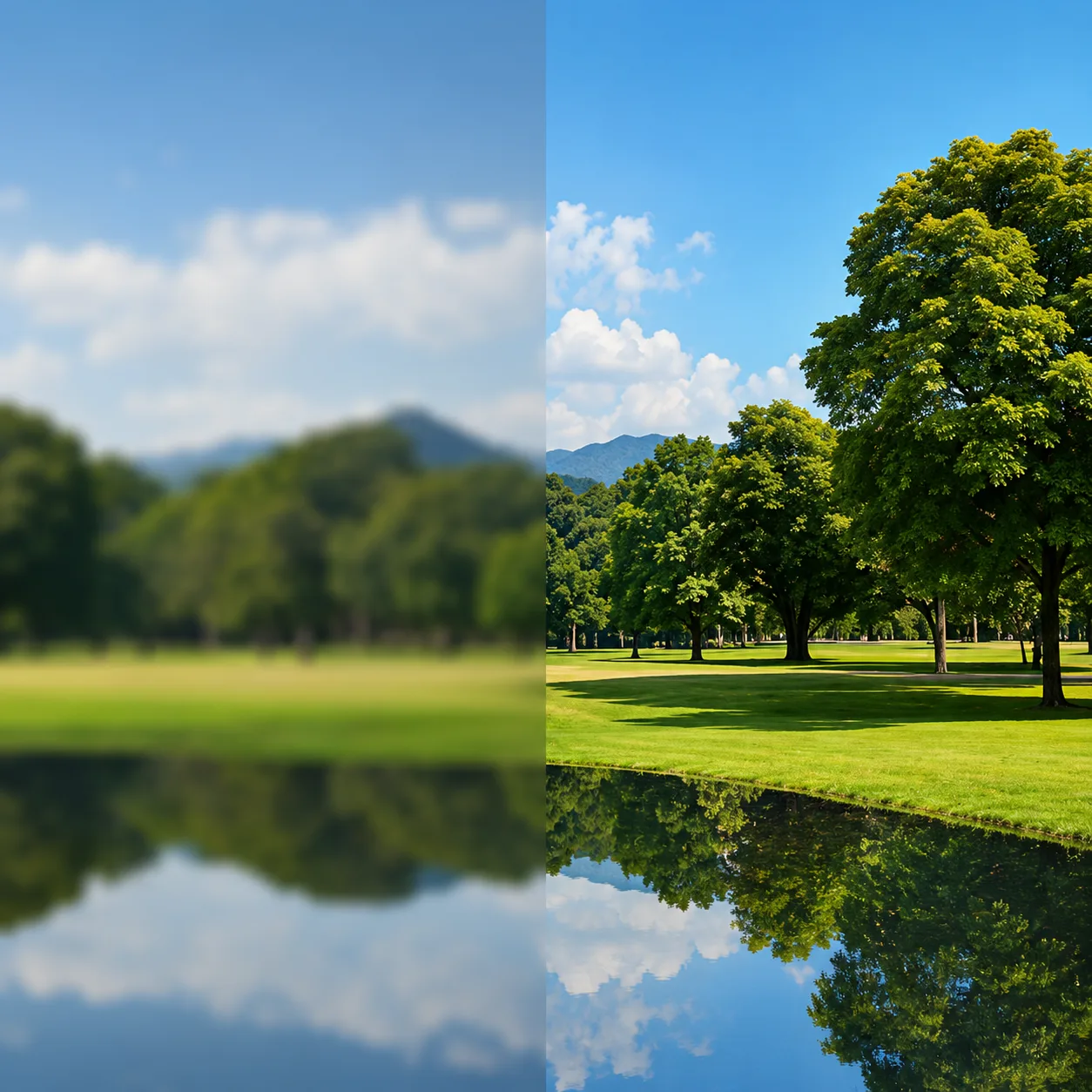 Comparação: visão com lente comum (embaçada, à esquerda) versus lente multifocal de alta definição (nítida, à direita)